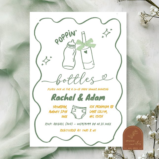 Convites Hand Drawn Sage Green Poppin Bottles Baby Shower (Criador carregado)