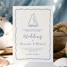 Convites Hand Drawn Sailboat Blue Ivory Nautical Wedding