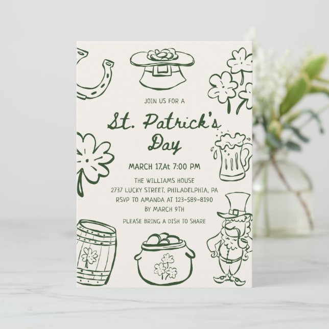 Convites Hand Drawn Scribble Doodles St Patrick's Day (Em pé/Frente)
