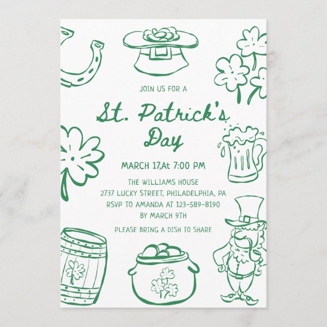 Convites Hand Drawn Scribble Doodles St Patrick's Day Invit (Frente)