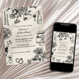 Convites Hand Drawn Scribbles/Doodles Wedding Invitation