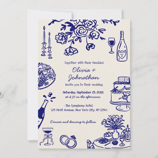 Convites Hand Drawn Scribbles/Doodles Wedding Invitation (Frente)
