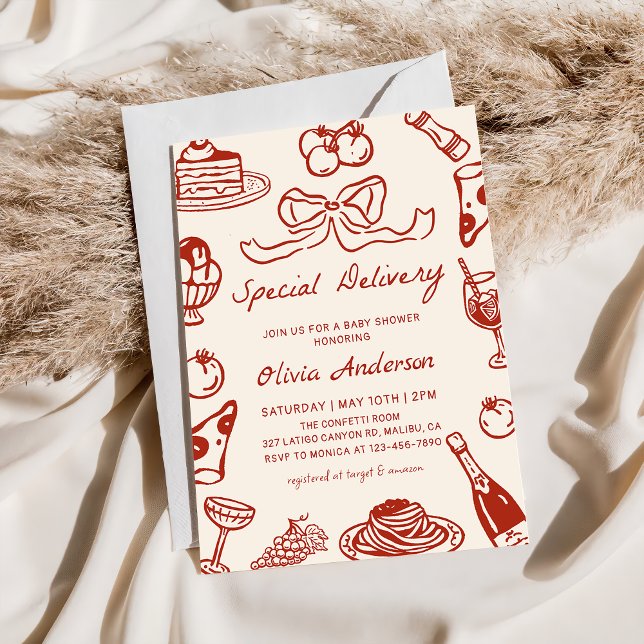 Convites Hand Drawn Special Delivery Pizza Baby Shower (Criador carregado)