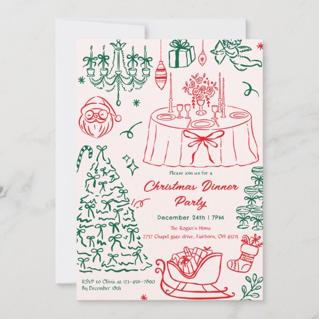 Convites Hand Drawn Squiggle Doodles Christmas Party Invita (Frente)