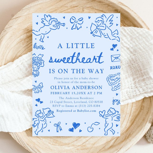 Convites Hand Drawn Valentine Little Sweetheart Baby Shower (Blue Hand Drawn Valentine Little Sweetheart Baby Shower Invitation)