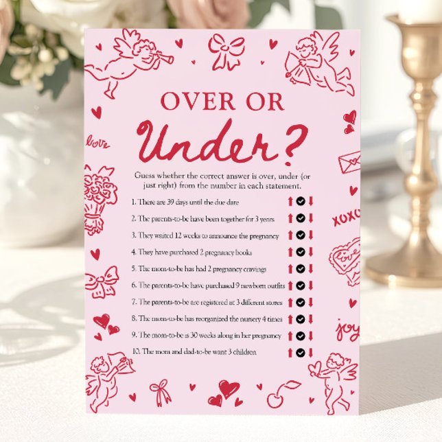 Convites Hand Drawn Valentine Over Or Under Baby Shower (Hand Drawn Valentine Over Or Under Baby Shower Game)