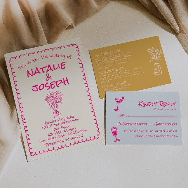 Convites Hand Drawn Vivid Pink Retro Funky Quirky Wedding (Criador carregado)