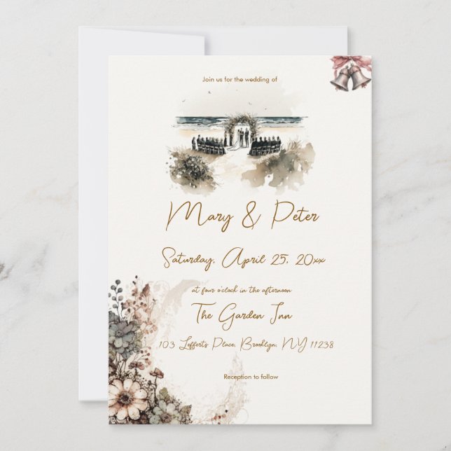 Convites Hand drawn wedding invitation floral beach (Frente)