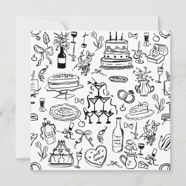 Convites hand drawn wedding marriage champagne fountain (Frente)