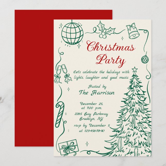 Convites Hand Drawn Whimsical Christmas Holiday Party (Frente/Verso)