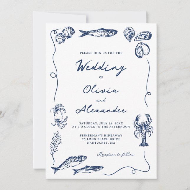 Convites Hand Drawn Whimsical Coastal Navy Blue Wedding (Frente)
