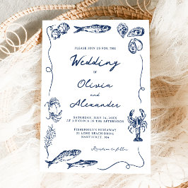Convites Hand Drawn Whimsical Coastal Navy Blue Wedding