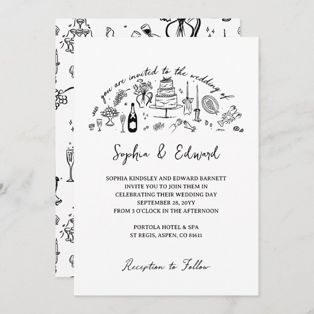 Convites Hand-drawn whimsical line art wedding style (Frente/Verso)