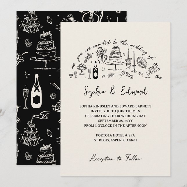 Convites Hand-drawn whimsical line art wedding style (Frente/Verso)