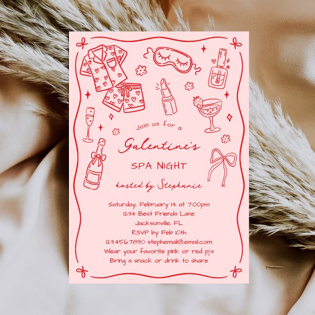 Convites Hand Drawn Whimsical Pink Red Galentines Spa Party (Criador carregado)