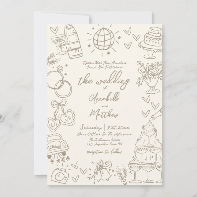 Convites Hand Drawn Whimsical Vintage Wedding (Frente)