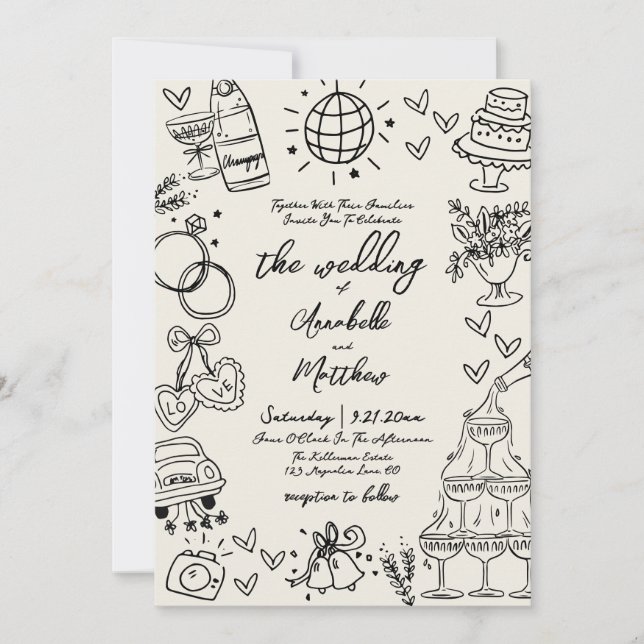 Convites Hand Drawn Whimsical Vintage Wedding (Frente)