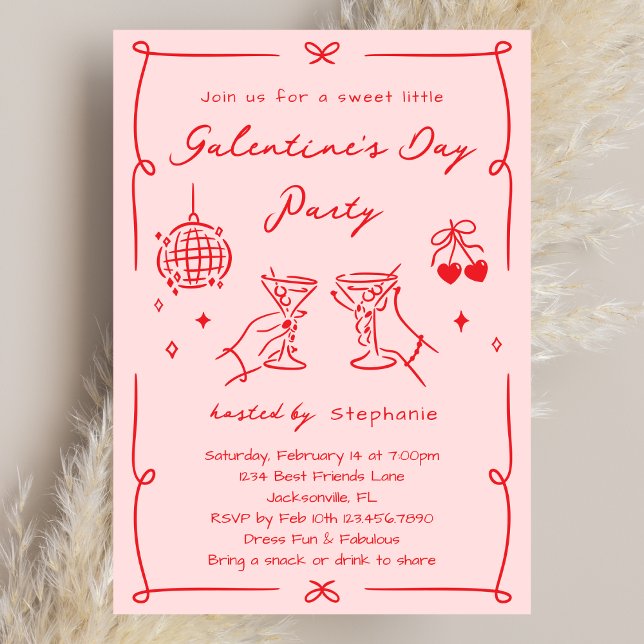 Convites Hand Drawn Whimsy Pink & Red Galentine's Day Party (Criador carregado)