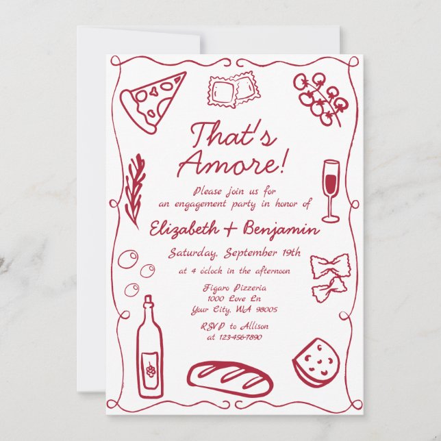Convites Hand Drawn Wine Red Retro Italian Engagement Party (Frente)
