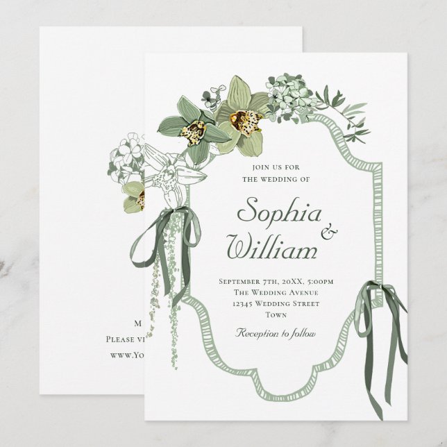 Convites Hand Painted Sage Green Orchids Wedding Invitation (Frente/Verso)