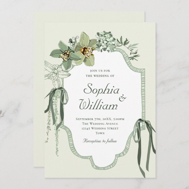 Convites Hand Painted Sage Green Orchids Wedding Invitation (Frente/Verso)