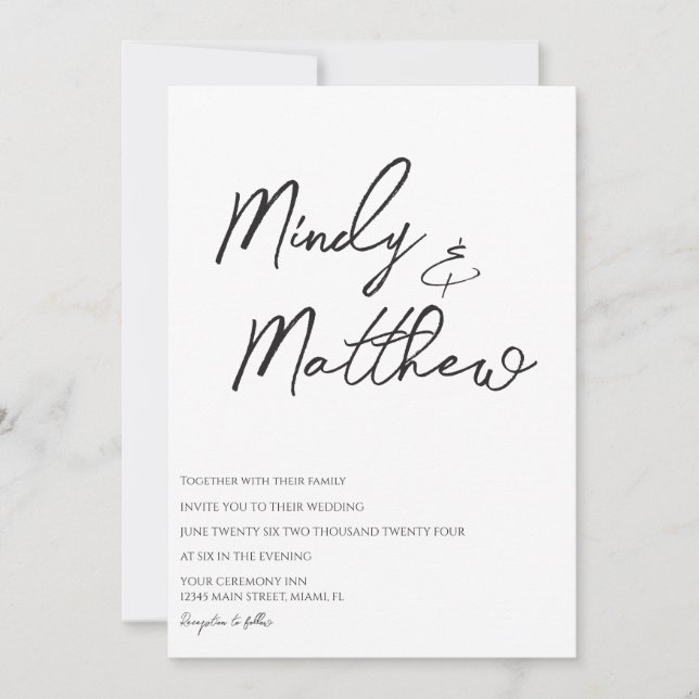 Convites Handwritten Black and White Script Wedding (Frente)