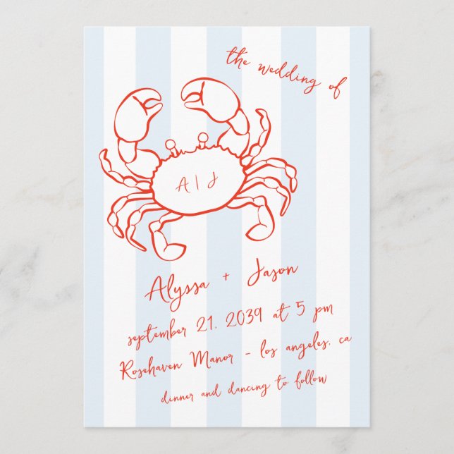Convites Handwritten Lobster Nautical Red Blue Wedding (Frente)