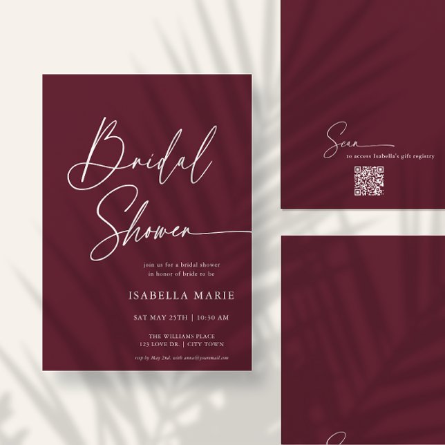 Convites Handwritten Modern MInimal Burgundy Bridal Shower (Front and back of flat 5x7 bridal shower invitation. Choose size, corner + paper style.)