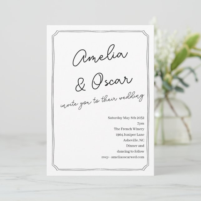 Convites Handwritten Script Doodle Frame Wedding White (Em pé/Frente)