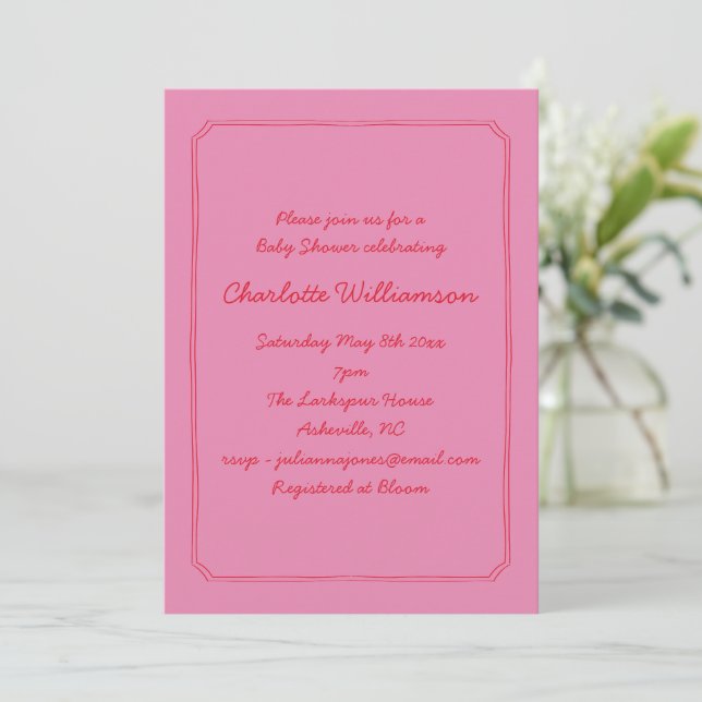 Convites Handwritten Script Pink Red Border Baby Shower (Em pé/Frente)