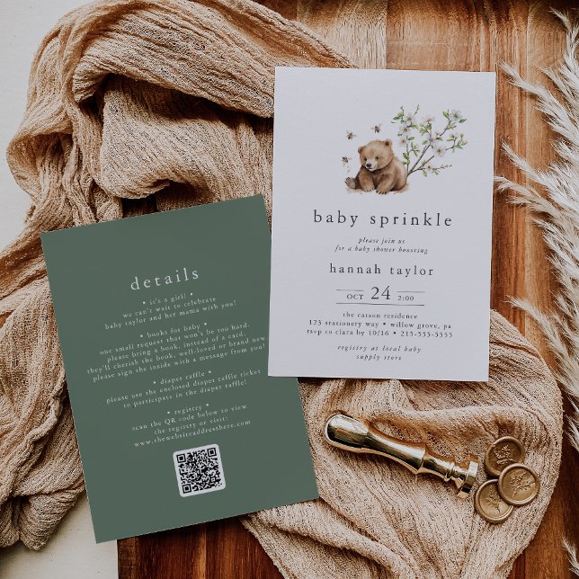 Convites HANNAH QR Bear Bubble Bee Woodland Baby Sprinkle (HANNAH QR Bear Bubble Bee Woodland Baby Sprinkle Invitation)