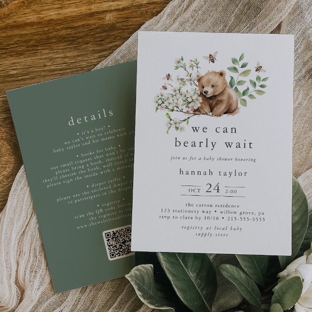 Convites HANNAH QR Podemos Esperar Chá de fraldas de Woodla (HANNAH QR We Can Bearly Wait Woodland Baby Shower Invitation)