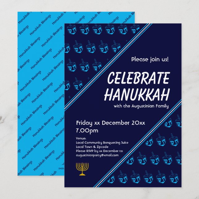 Convites HANUKKAH, CELEBRADO COM DREIDEL Azul Moderno (Frente/Verso)