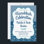 Convites Hanukkah Convidando Estrela Azul De Menorah De Dav<br><div class="desc">Um convite azul giro para Chanucá com uma menorah e estrela do padrão David em azul e turquesa,  junto com listras azul e branca. Que esta encantadora e divertida comemoração Chanukah convide a ser a sua na moda para celebrar as festas.</div>