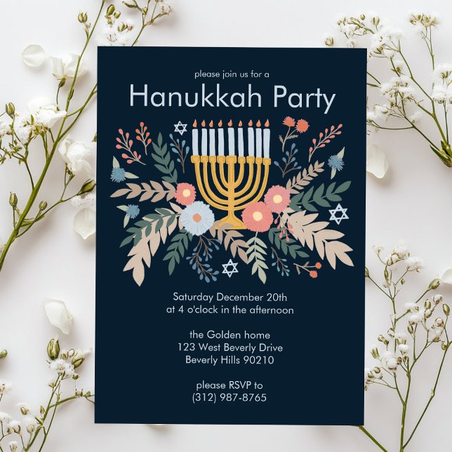 Convites Hanukkah FLorals Partido PERSONALIZADO de Arte des (Hanukkah FLorals Hand-drawn Art CUSTOM Party Invitation
)