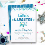 Convites Hanukkah Latrou Risos Festa Moderna Divertida<br><div class="desc">"Latkes, riso e luz." Este ano, é hora de se juntar a sua família e amigos para celebrar Chanucá. Típica divertida e engraçada manual junto com Stars of David em azul empoeirado, turquesa e chalé sobre fundo branco ajuda você a lançar no festival das luzes. Um padrão de linha branca...</div>