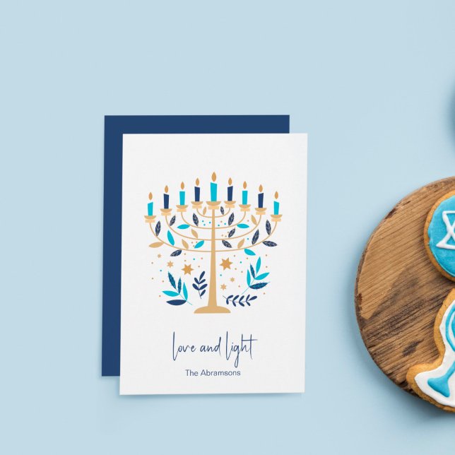 Convites Hanukkah Love & Light Floral Menorah Card (Criador carregado)