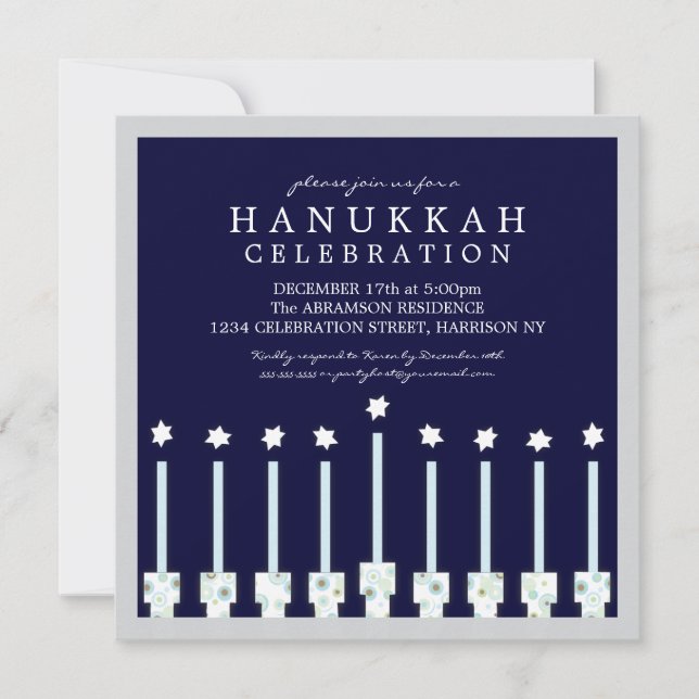 Convites Hanukkah Menorah com velas nas bolinhas (Frente)