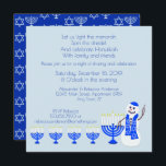 Convites Hanukkah Snowman Divertido Família E Feriado Amigo<br><div class="desc">Personalize esses convites divertidos do boneco de neve de Hanukkah para sua reunião de feriados com a família e os amigos. A frente deste convite a Chanucá mostra o meu bonitinho bonitinho bonitinho bonitão e menorah em azul e branco reais. Sr. Snowman está vestido em sua yamuka e na estrela...</div>