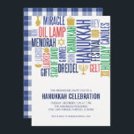 Convites Hanukkah Words Holiday Party<br><div class="desc">Personalize o texto personalizado acima. Você pode encontrar itens de coordenação adicionais na nossa coleção "Feriado de Palavras de Chanucá".</div>
