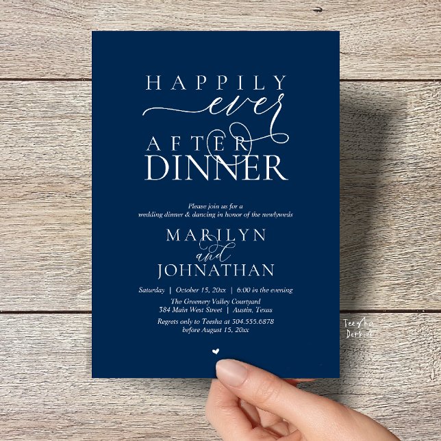 Convites Happily Ever After Dinner Modern Wedding Reception (Happily Ever After Dinner Modern Wedding Reception Invitation card in Navy Blue)