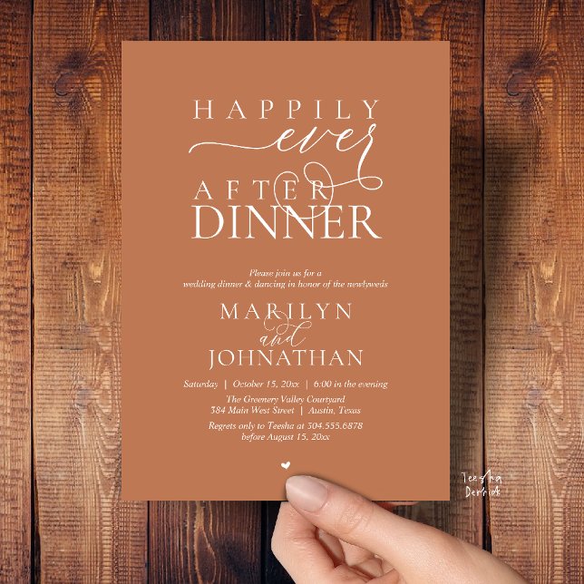 Convites Happily Ever After Dinner Modern Wedding Reception (Happily Ever After Dinner Modern Wedding Reception Invitation card in Copper Terracotta Brown)