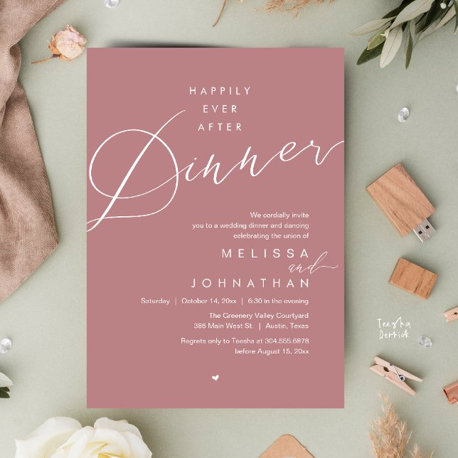 Convites Happily Ever After Dinner Romantic Wedding Party (Happily Ever After Dinner Romantic Wedding Reception Party Invitation card in dusty rose pink)