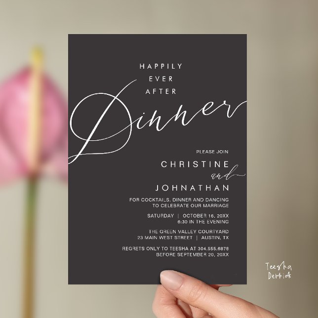 Convites Happily Ever After Dinner Wedding Reception Dinner (Happily Ever After Dinner Wedding Reception Dinner Invitation Card in Charcoal Grey)