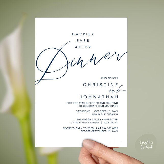 Convites Happily Ever After Dinner Wedding Reception Dinner (Happily Ever After Dinner Wedding Reception Dinner Invitation Card in Navy Blue)