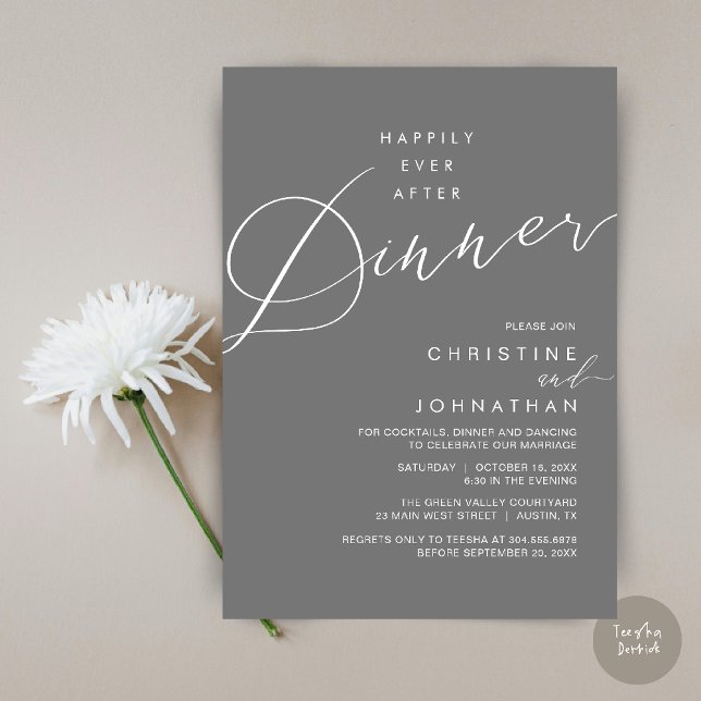 Convites Happily Ever After Dinner Wedding Reception Dinner (Happily Ever After Dinner Wedding Reception Dinner Invitation Card in Dark Grey)