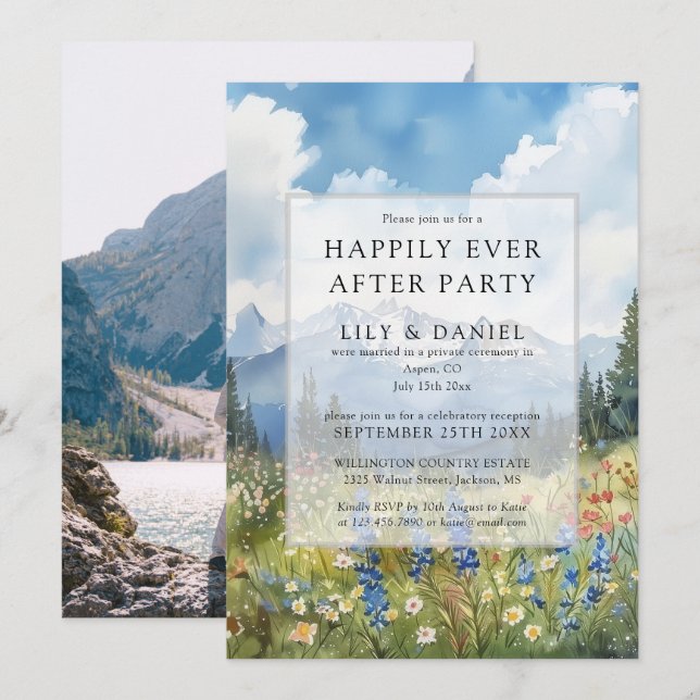 Convites Happily Ever After Floral Mountain Wedding Photo (Frente/Verso)