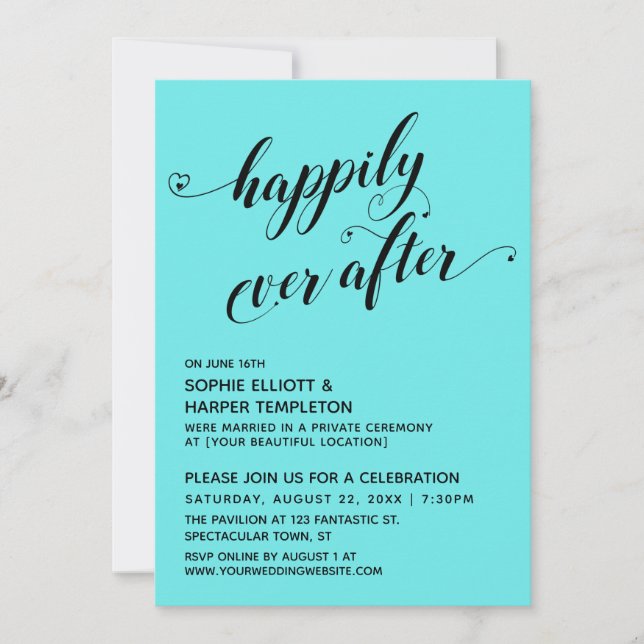 Convites Happily Ever After Hearts Script Recepção Aqua (Frente)