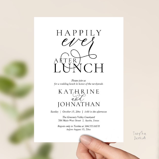 Convites Happily Ever After Lunch Post Wedding Elopement (Happily Ever After, Modern Wedding Reception Lunch Invitation Card in Black and White)