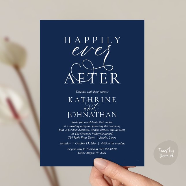 Convites Happily Ever After, Modern Wedding Reception (Happily Ever After, Modern Wedding Reception hors d'oeuvres Drinks Dancing Invites Card Navy Blue)